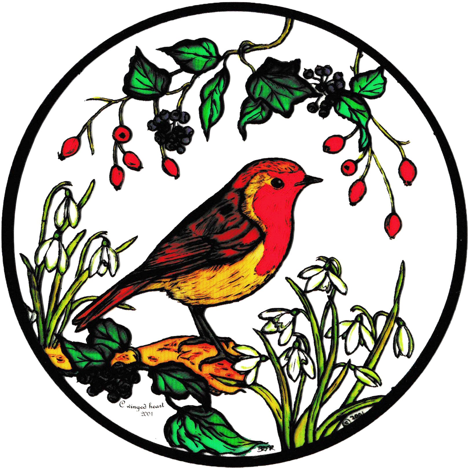 Winged Heart Static Window Cling in a Robin and Snowdrops Design.