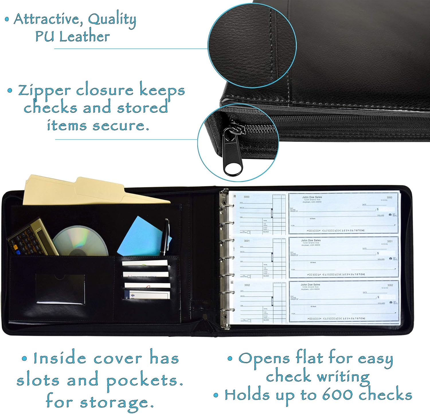 Executive Business Check Binder PU Leather 7 Ring Checkbook Cover (3 Checks on a Page) with Zipper : Office Products