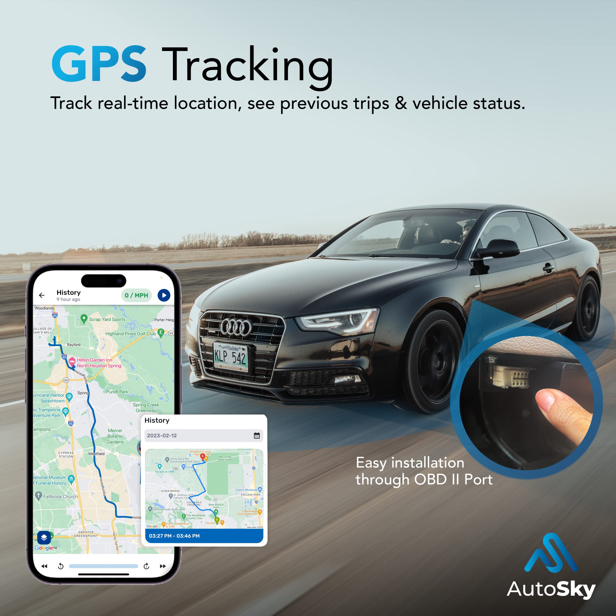 AutoSky GPS Tracker for Vehicles, OBDII, 4G LTE, Model - AVT-210, Vehicle Location, Trip History, Driving Alerts, GeoFence, USA-Developed, Family or Fleets
