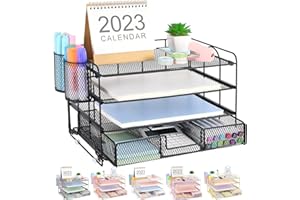 Spacrea Desk Organizers and Storage - 4-Trays Paper Letter Tray Organizer with Drawer and 2 Pen Holder, Desktop File Organizer for Desk Organizer, Office Desk Accessories(Black)