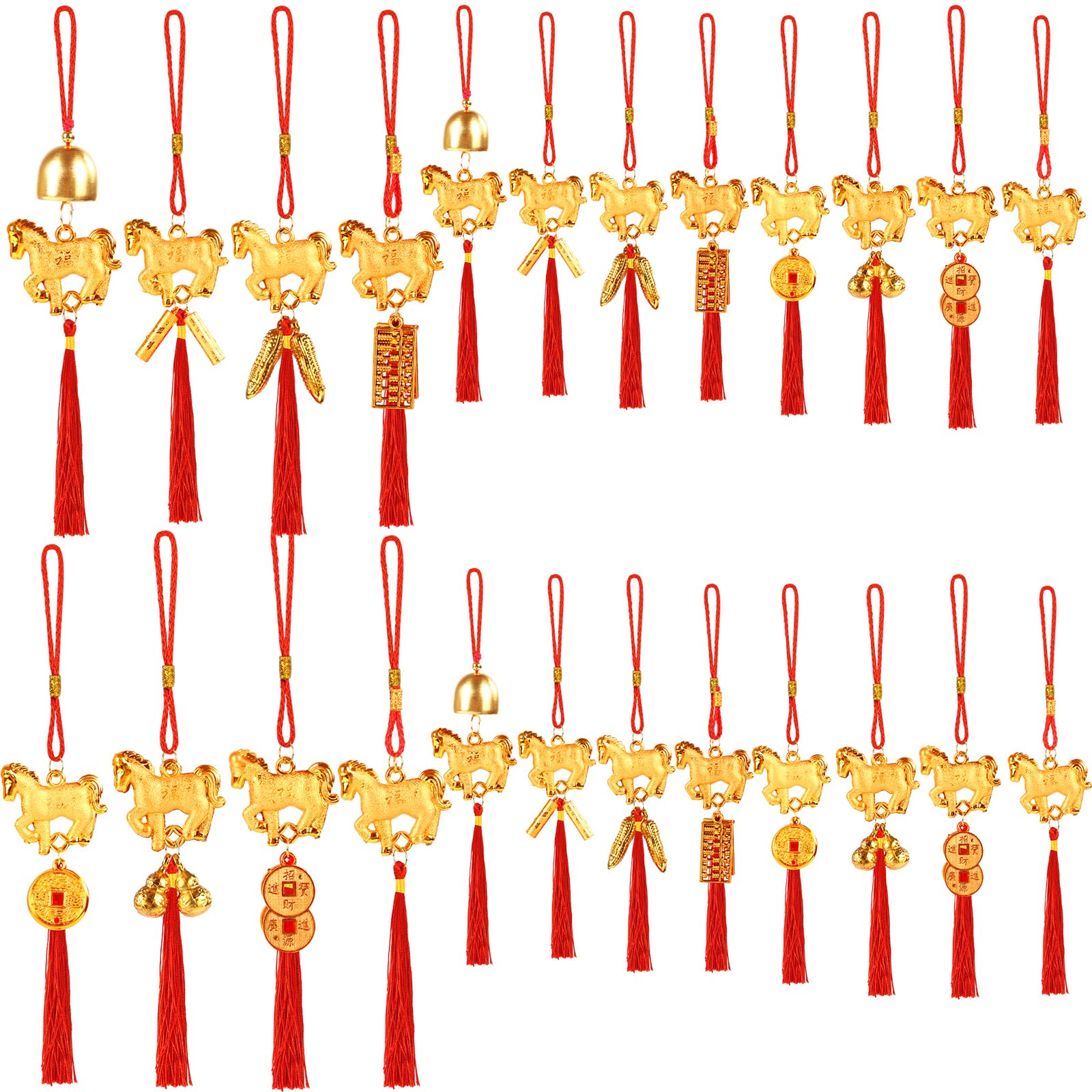 View 1 of 24 Pcs Chinese New Year Horse Decorations Bulk Lunar New Year 2026 Red Tassel Ornaments with Wealth Success Good Luck Hanging Decorations for Gifts Home Car Decor