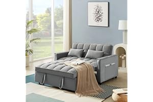 ANTETEK 3 in 1 Convertible Sleeper Sofa Bed, Modern Velvet Loveseat Futon Couch w/Pullout Bed, Small Love Seat Lounge Sofa w/Reclining Backrest, Toss Pillows, Pockets, Furniture for Living Room, Grey