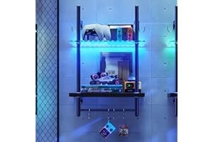 Bestier LED Gaming Floating Shelves for Wall, 15" Wall Mounted Shelf Pipe Glass Shelves, 2 Tier Hanging Display Rack with 6 S-Hooks Towel Bar, Gaming Room Decor Shelf, Carbon Fiber Black