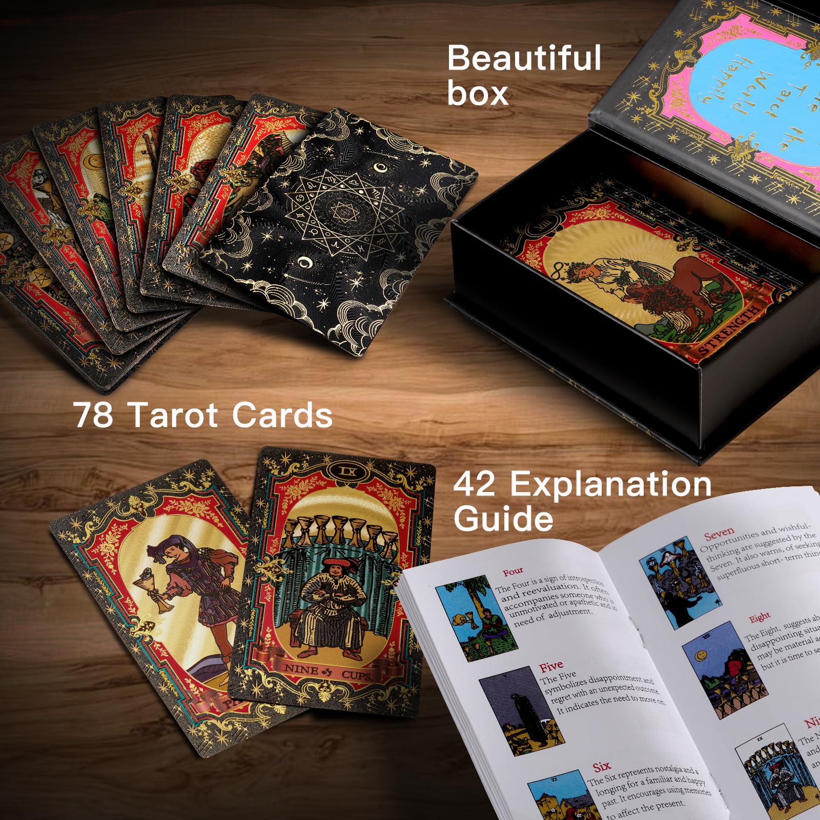 SUNHHX Tarot Cards, 78 Gold foil Tarot Cards Deck for Beginners and Professional Player with Box Tarot PVC Durable Waterproof Wrinkle Resistant