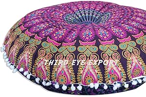 THIRD EYE EXPORT Boho Room Decor Aesthetic: Vintage Indie Purple 32 Inches Indian Mandala Round Pillows Meditation Cushion Cover, Perfect for Cottagecore Hippie Room Decor (Purple, 32 Inches (81 Cms.)