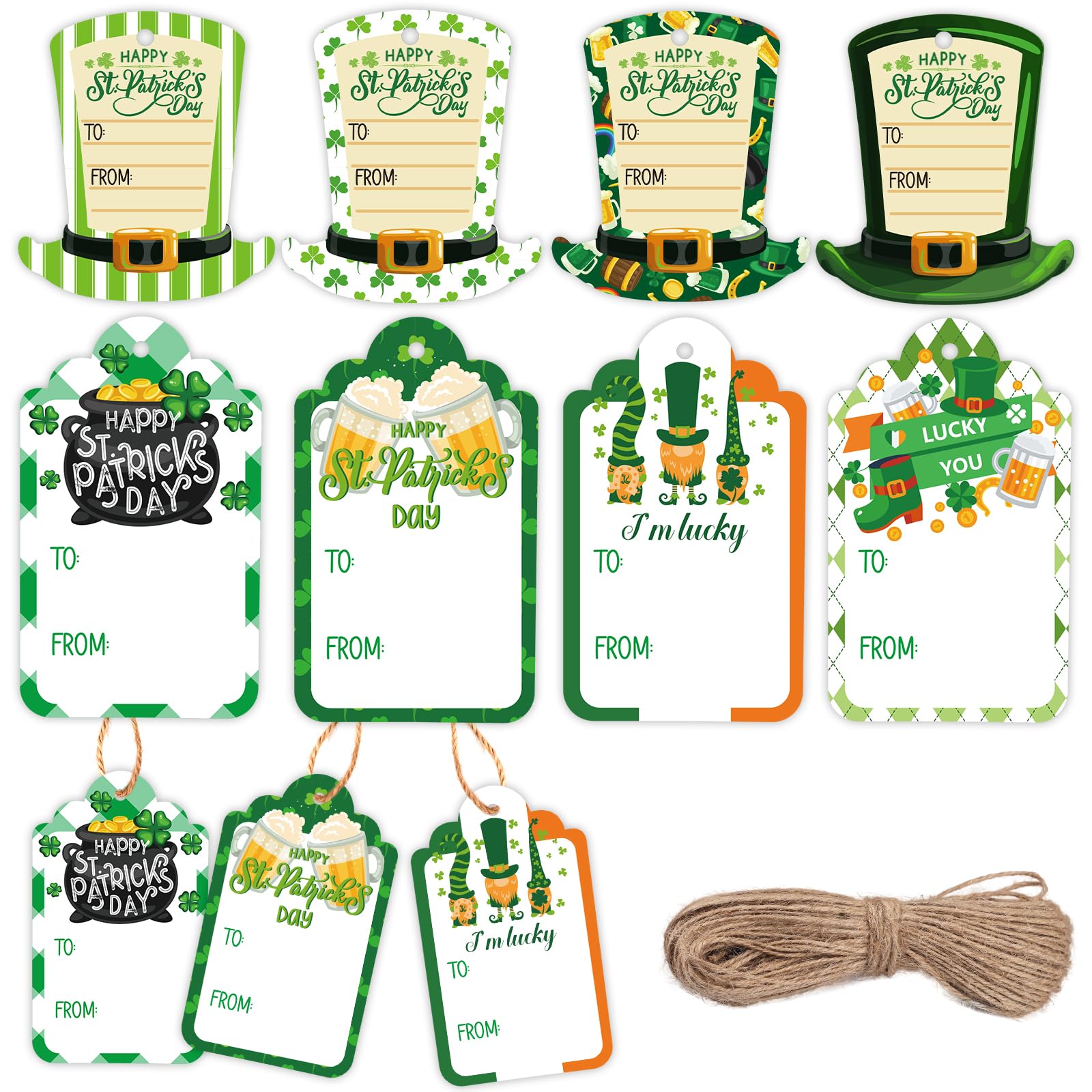Photo 1 of 160pcs St. Patrick's Day Gift Tags, 8 Styles Clover Gift Tags Hanging Ornament Hat Shamrock Name Tags Labels Writable Irish Gift Tag for Present Wrapping Handmade Craft Holiday
