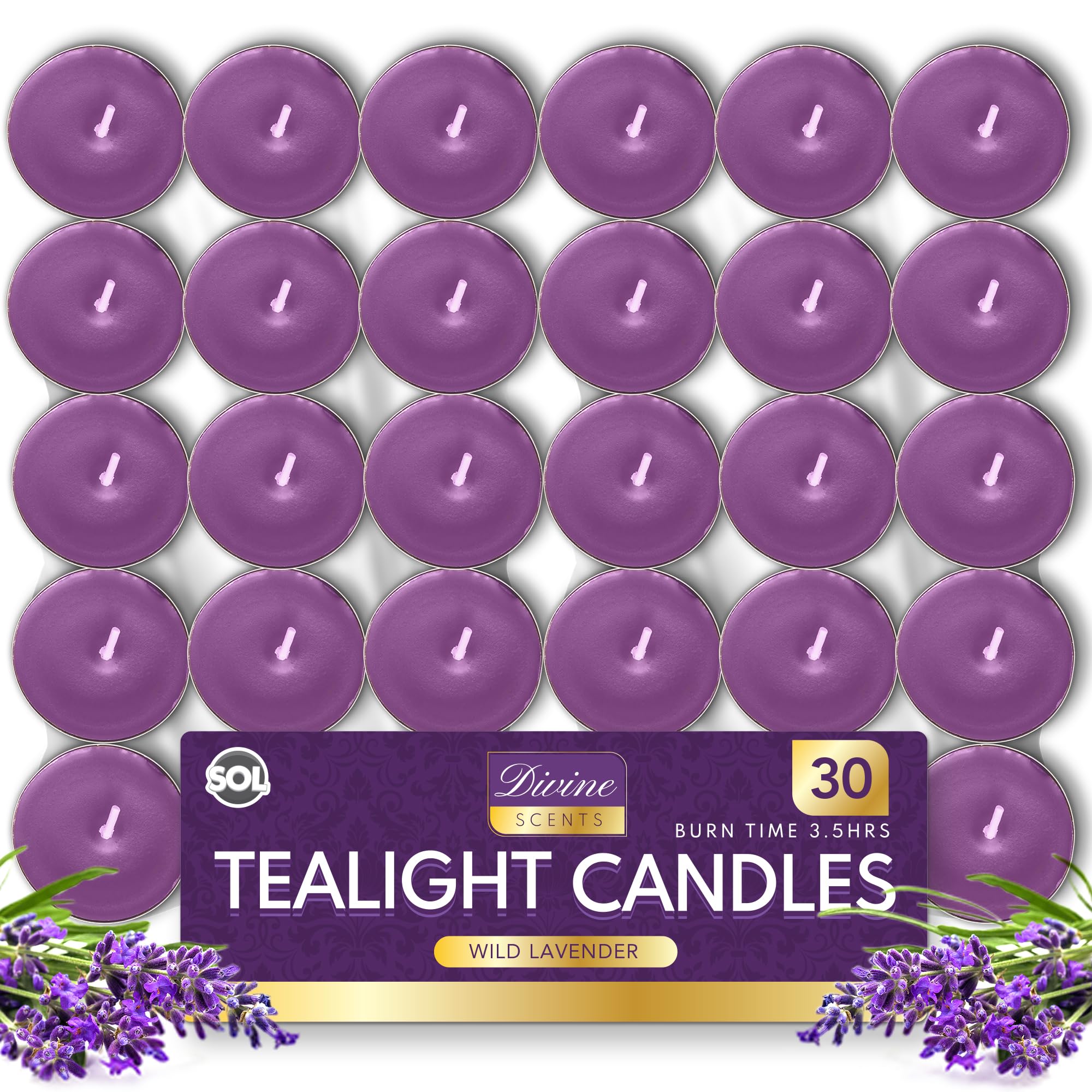 SOL 30pk Wild Lavender Scented Tea Light Candles Long Burning – 3.5 Hour Burn Time, Ideal for Home, Relaxation, Spa, Massage, Romantic Dinners, Weddings & Anniversaries, Festive Decor & Cosy Evenings
