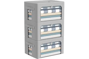 CYHOM 3Pack Frame Storage Box - Clothes Storage Bin Bags Oxford Fabric Foldable Stackable Container Organizer Set with Clear Window & Carry Handles Large Capacity (Grey, Small-22L)