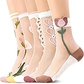 Jspupifip 5 Pairs Tulip Flowers Sheer Mesh Socks,Floral Thin Socks for Women Girl Gifts