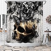 WELMECO Skull with Butterfly Shower Curtain Gothic Bathroom Decor Polyester Fabric, 72x72inch (Black)
