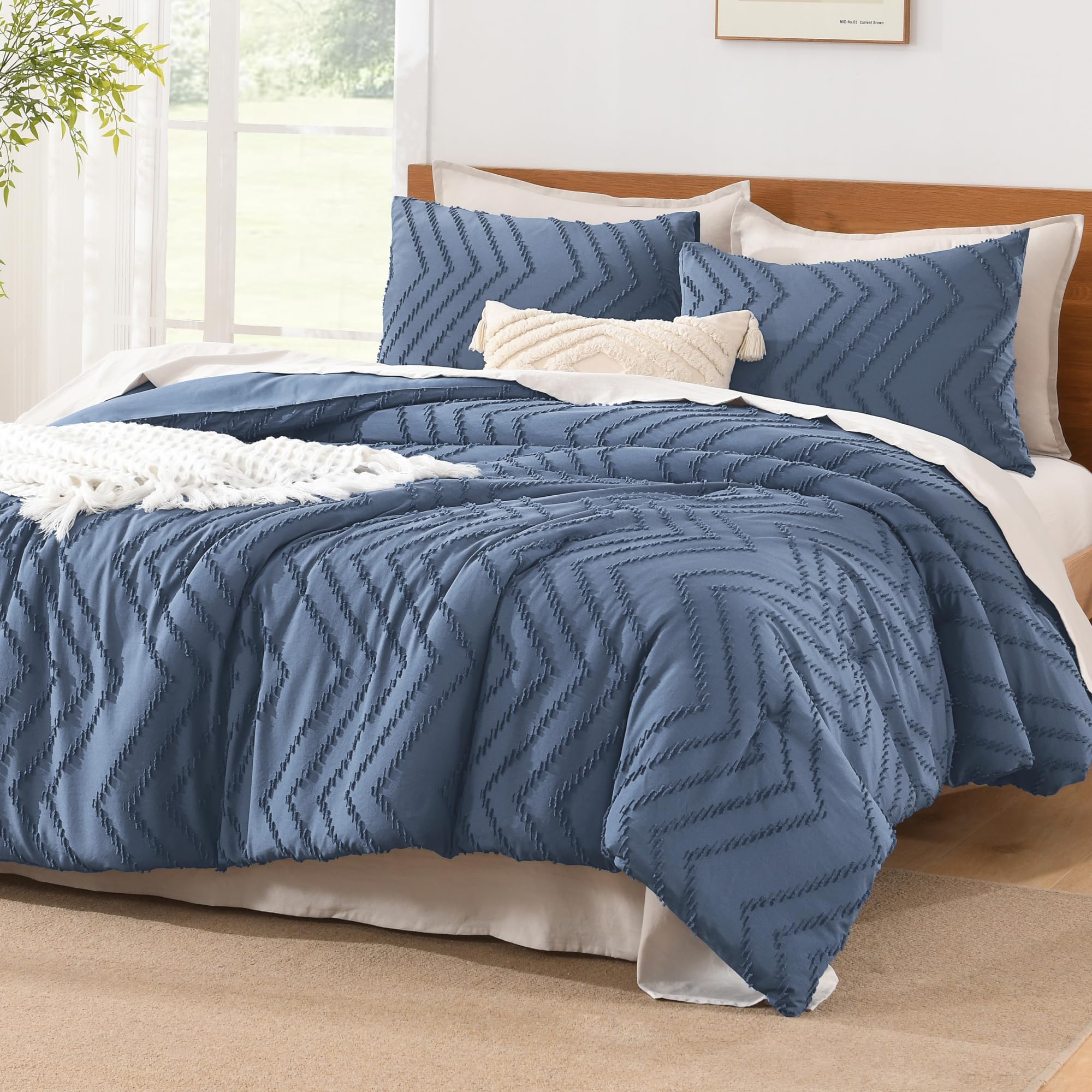 Photo 1 of Litanika Comforter Oversized King Size Set Ocean Blue, 3 Pieces Chevron Tufted Solid Bedding Comforter Sets, Fluffy Bed Set