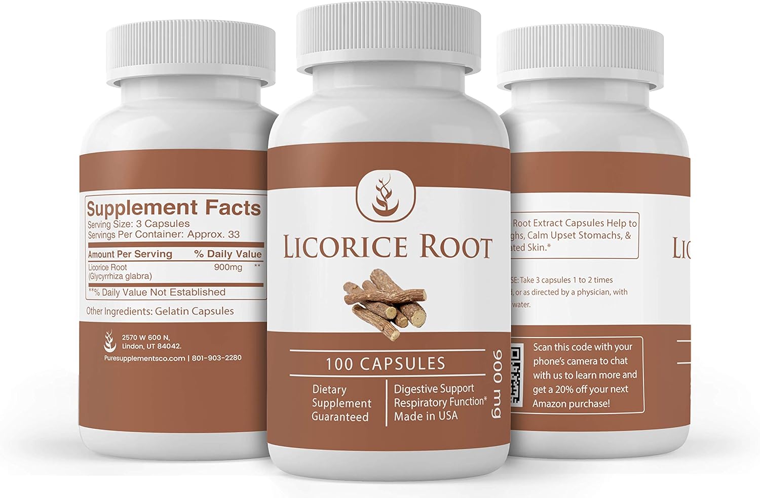 100% Pure Licorice Extract, 100 Capsules, 900mg Serving, Non-GMO & Gluten-Free, No Filler, Made in USA: Health & Personal Care