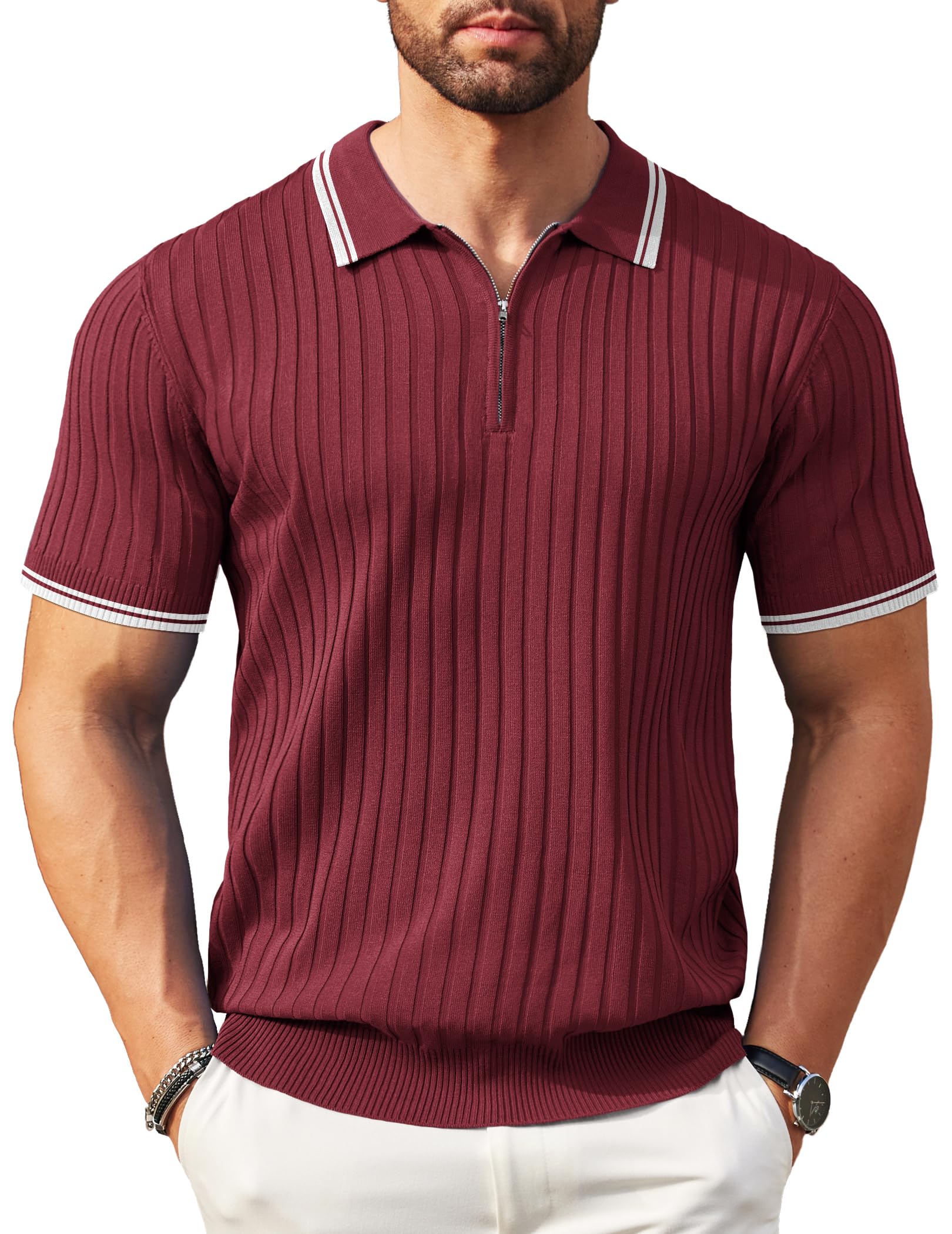 Photo 1 of COOFANDY Men's Zipper Polo Shirts Short Sleeve Ribbed Knit Polo T Shirts Fashion Casual Golf Shirts