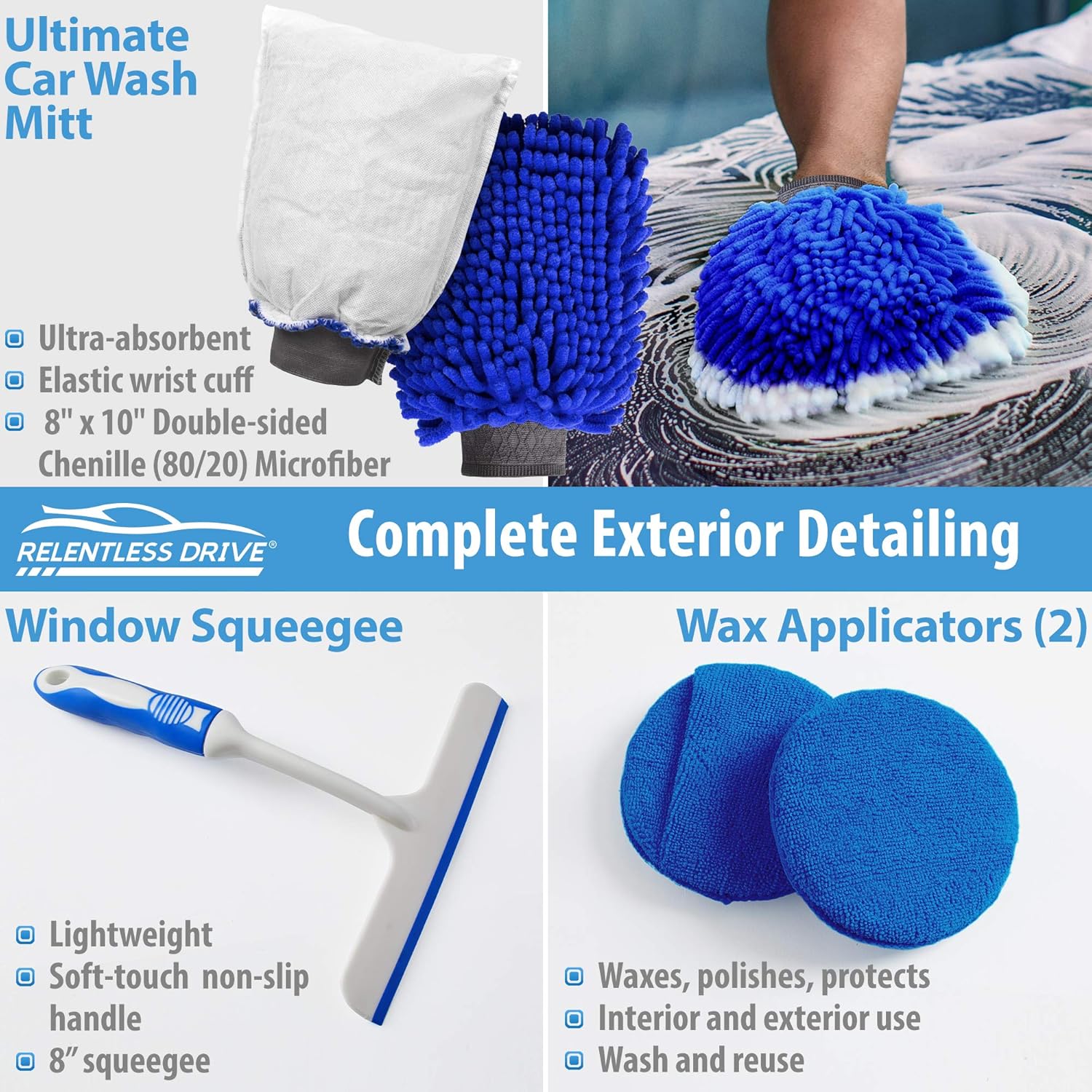 Relentless Drive Car Wash Kit, 14 Pcs Car Cleaning Kit for Exterior Car Cleaner & Car Interior Cleaner, The Ultimate Car Detailing Kit Designed to Last & Safe for All Surfaces: Automotive