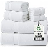 TOWELTIQUE- Organic Cotton Plush Bath Towels Pack of 6 GOTS & Oeko- TEX Certified | Premium Soft, Absorbent & Quick-Drying Towels for Bathroom, Gym, Spa & Hotel Use – White