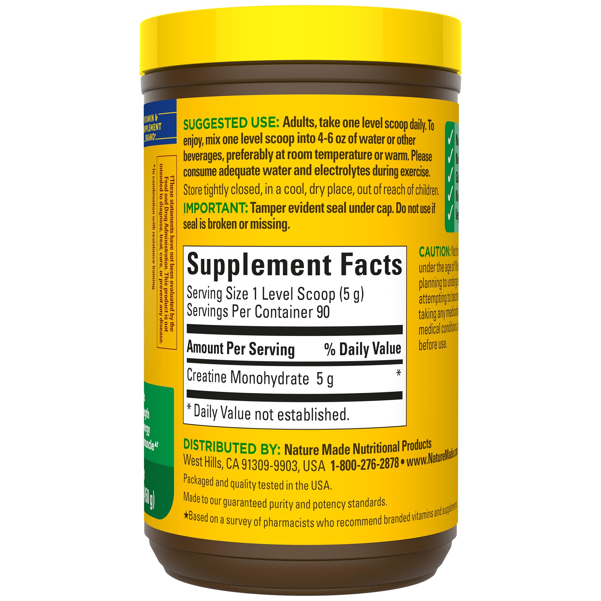 Nature Made Micronized Creatine Monohydrate Powder 5 g per Serving, Unflavored Drink Mix Powder, Muscle Support, 450 g, 90 Day Supply