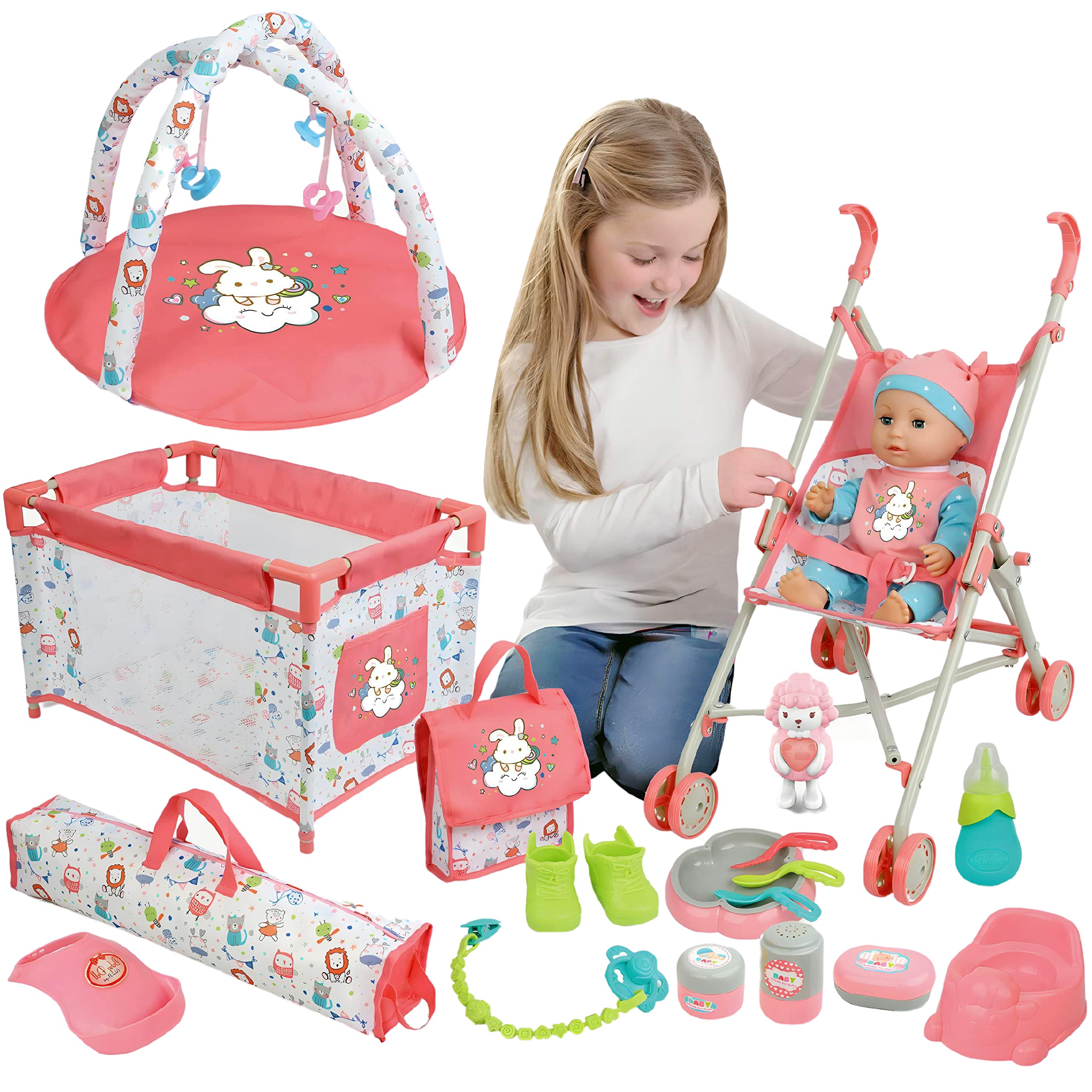 Photo 1 of ***(MISSING PARTS/ SEE NOTES)***Liberty Imports Kids 18-Piece Newborn Talking Baby Doll Stroller Nursery Role Play Set w/ Playpen, Play Mat, Potty Training, Accessories (14" Doll Included)