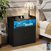 Memobarco Nightstand with Charging Station and LED Light, Black | Modern Nightstand, USB Ports, Outlets, Wooden Bedside Table, 2 Storage Drawers, Small Dresser, Bedroom, Small Space