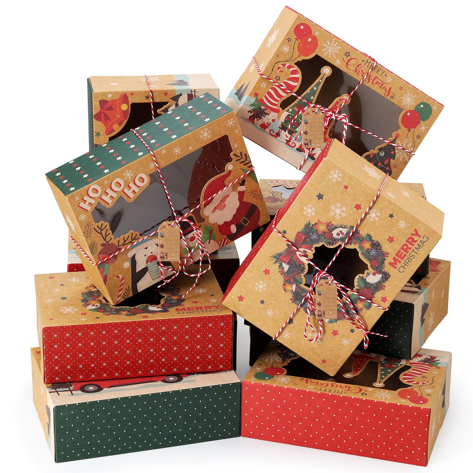 12Pcs Christmas Cookie Boxes with Window for Gift Giving, Kraft Bakery Gift Wrapping Boxes with Cards and Jute Rope, Holiday Treat Boxes for Cookies, Brownies, Donuts, Xmas Cookie Containers With Lids