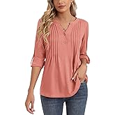 Bashafo 3/4 Sleeve Tops for Women V Neck Henley Long Sleeve Dressy Casual Shirts Ladies Loose Button-up Blouses Tunic