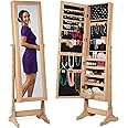 Best Choice Products Freestanding Jewelry Armoire Cabinet, Full Length Standing Mirror, Lockable Makeup Storage Organizer, w/Velvet Lining, 3 Angles, Lock, Accessory Pouch, 5 Shelves - Natural Oak
