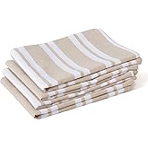Encasa XO Cotton Kitchen Towel Set | Hand and Tea Cloth for Cleaning & Quick Drying, X-Large 28"x18" (Pack of 4) Highly Absorbent - Franca Beige Stripes