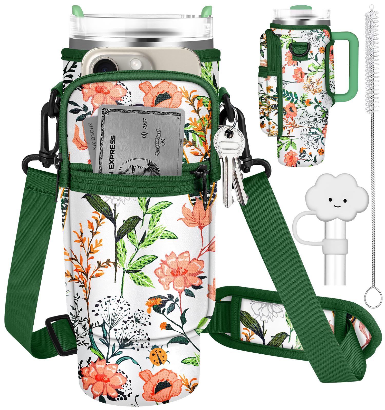 Water Bottle Holder Carrier Bag for Stanley Cup 40 oz Water Bottle Sling Pouch with Adjustable Shoulder Strap Phone Pocket Clouds Straw Cover Cleaner Brush for Walking Travel Hiking Gym（Green Flower）