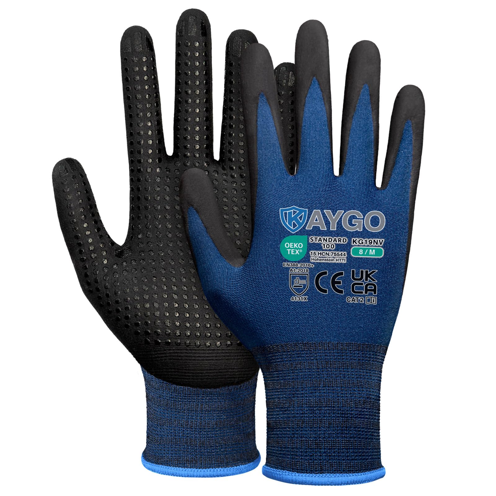 KAYGO Work Gloves with Grip Dots on Palm for Anti-Slip 12 Pairs, KG19N, MicroFoam Nitrile Coated Light Oil Compatible, Seamless Knit Nylon Gripper Work Gloves for Warehouse, Automotive (Navy Blue, M)