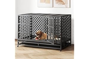HIWOKK 48/42 Inch Heavy Duty Indestructible XL Dog Crate Steel Escape Proof, Indoor Double Door High Anxiety Cage, Kennel with Wheels, Removable Tray, Extra Large XXL