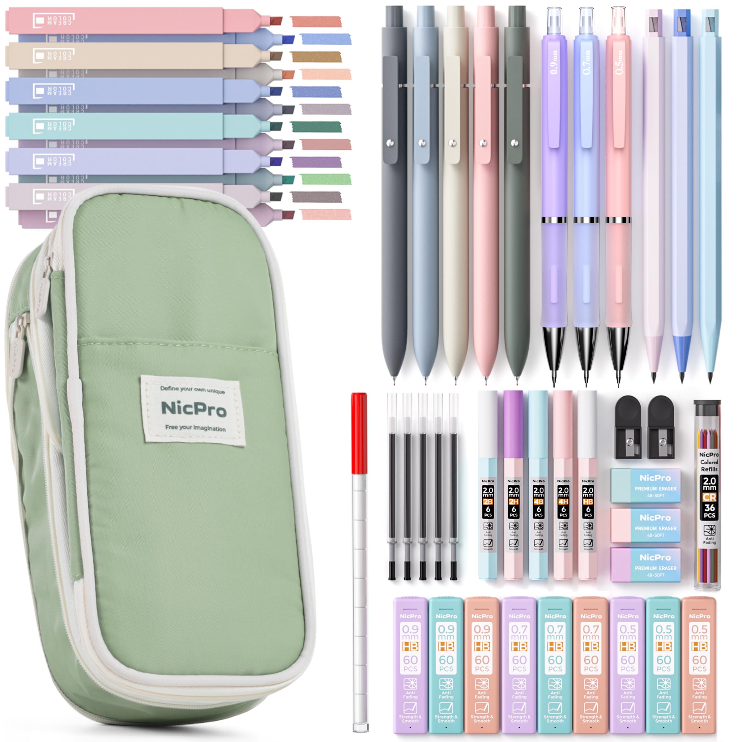 Nicpro 50 PCS Aesthetic School Supplies with Pen Case, 5 Quick Dry Retractable Black Ink Pens, 12 Pastel Highlighters, 6 Pastel Mechanical Pencil Set 0.5 & 0.7 & 0.9 & 2.0 mm for Students Stationary