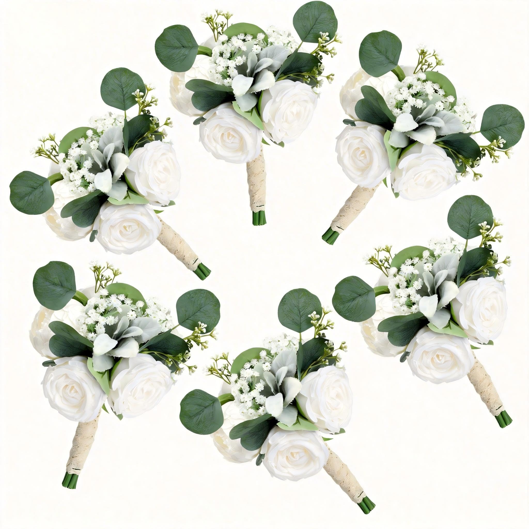 Photo 1 of DIYDOFUN Set of 6 Ivory White Peonies & Rose Bridesmaid Bouquets for Wedding Marriage Proposal Bridal Shower Decorations