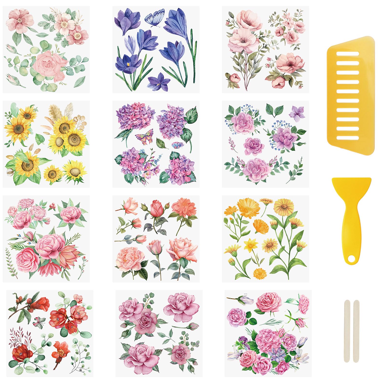 WANDIC 12 Sheets Rub On Transfer Stickers Flower Waterproof Decals Journal Album Stickers Furniture Craft Decals for DIY Scrapbooking
