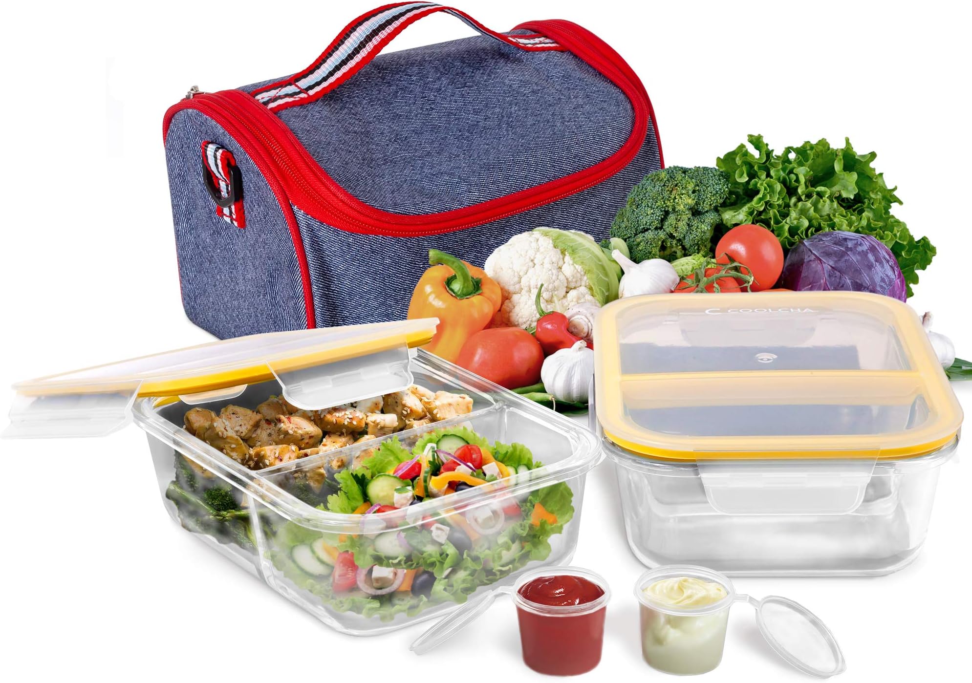 Prep Food Containers 2 Compartment Glass Containers with Lids (1040ml x 2) + Lunch Bag Meal Prep and Portion Control Lunch Box Airtight Leakproof Microwave Oven Freezer Dishwasher Safe Lunch Container