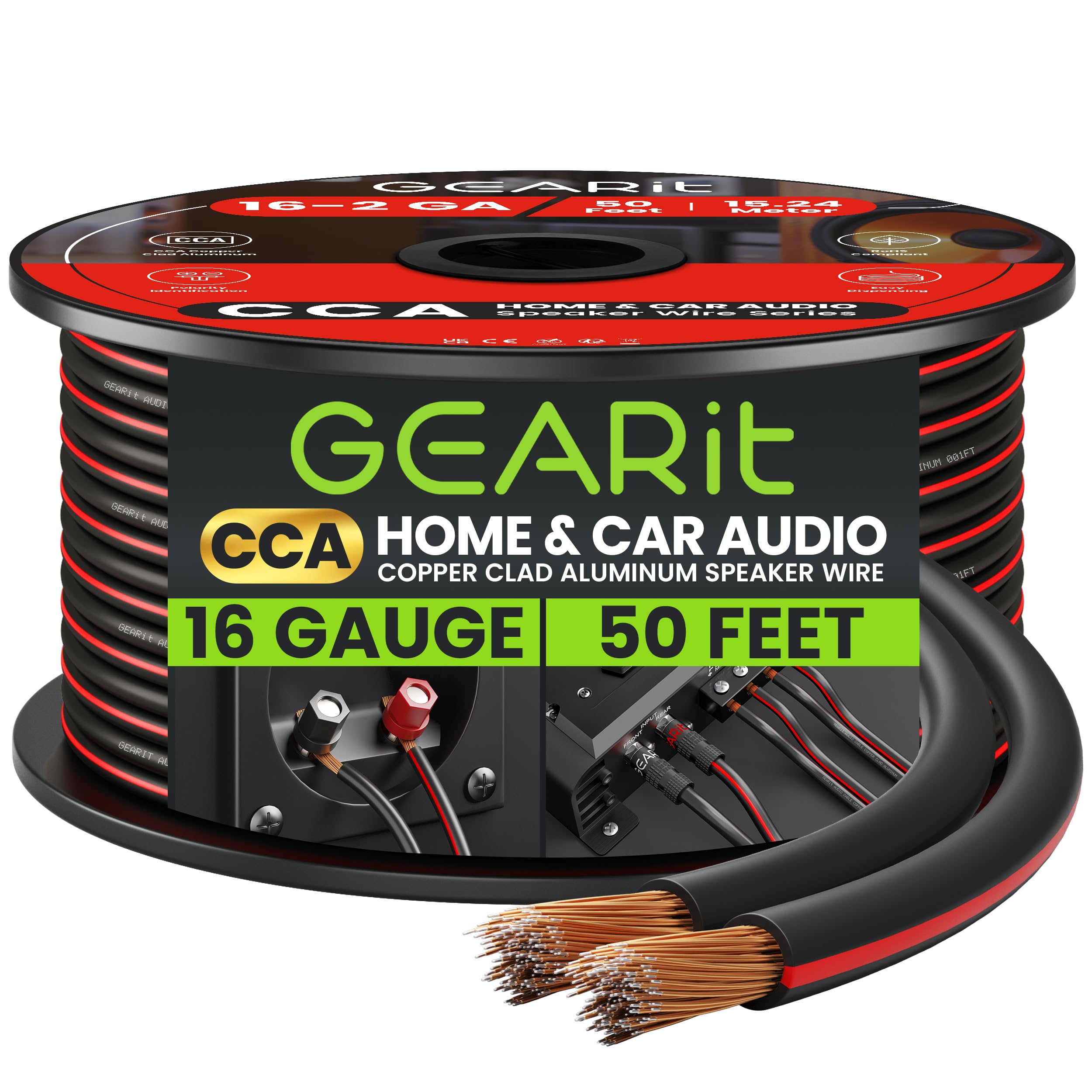 GEARit 2x1.5mm² Speaker Cable 15.24m / 50ft, Flexible 16AWG Speaker Wire with Polarity Markings, Twin Core CCA Audio Cable for In-Wall Home Cinema, Car Audio Stereo, HiFi Surround Sound(Black) — image 1