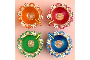 SATVIK STORE SATVIK 4 Pc Multicolor Clay Diya Terracotta Dia Traditional Puja Vilakku Oil Lamp Natural Mitti Diya Tea Light Welcome Diwali Deepawali Navratri Pooja Décorations Indian Housewarming Return Gift Item