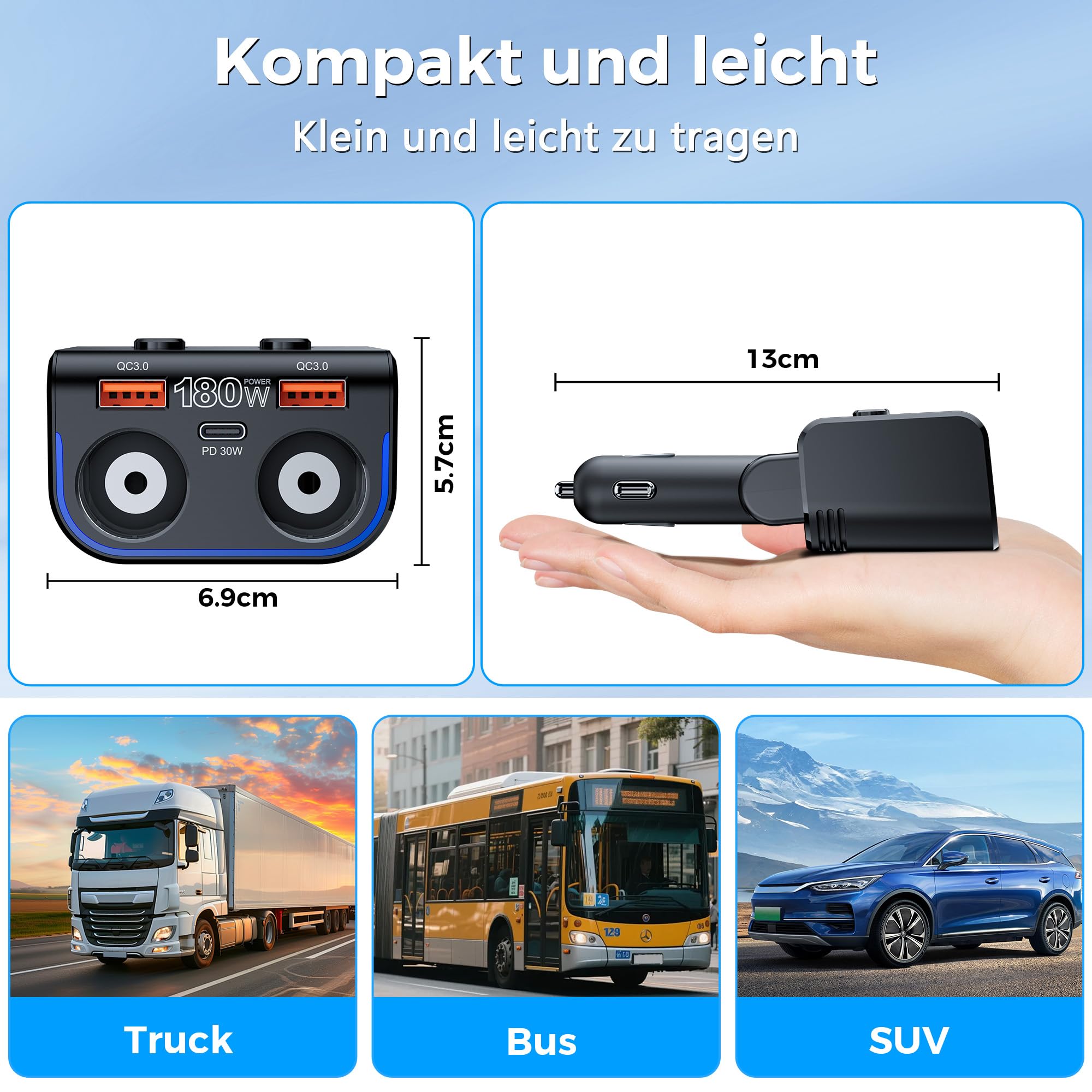 SONRU180W Zigarettenanzünder Verteiler 5 in 1, 24/12 Volt Steckdose Auto Ladegerät KFZ Doppelsteckdose Adapter mit Zwei USB Typ-C Schnellladeanschluss 8