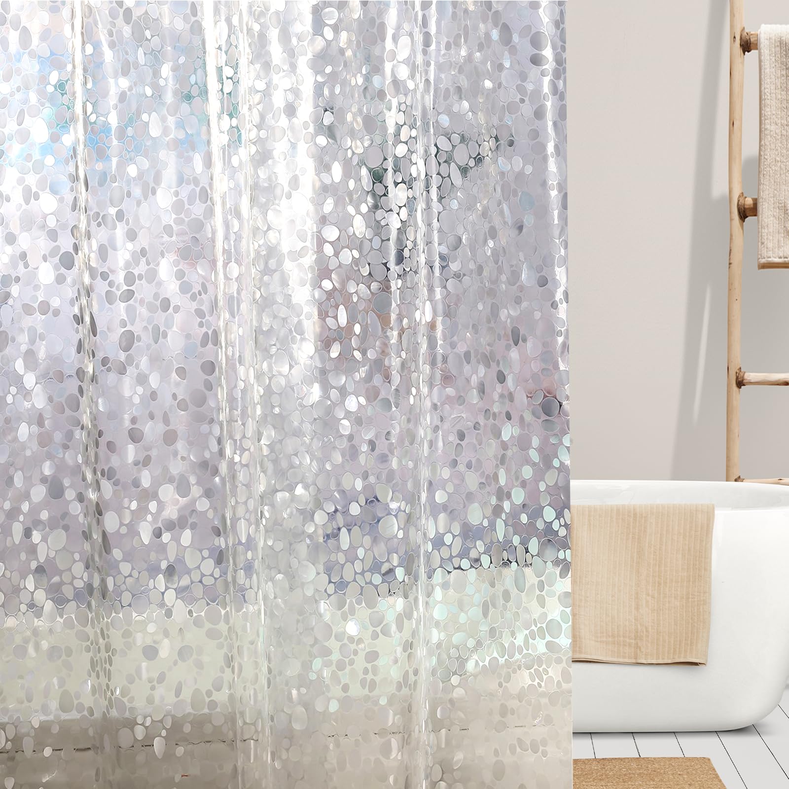 Mozeat Lens Shower Curtains 71 x 71 Inches Waterproof Semi Transparent PVC Shower Curtain 3D Effect Clear Pebble Heavy Duty Shower Curtain With 10 Plastic Hooks Bath Accessories