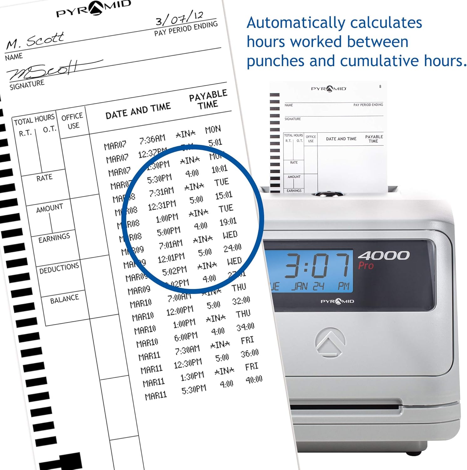 Pyramid Time Systems Model 4000 Auto Totaling Time Clock, 50 Employees, Includes 25 time Cards, Ribbon, 2 Security Keys and User Guide, Made in USA, Silver, "7.25""h x 7""w x 6.75"" d": Office Products
