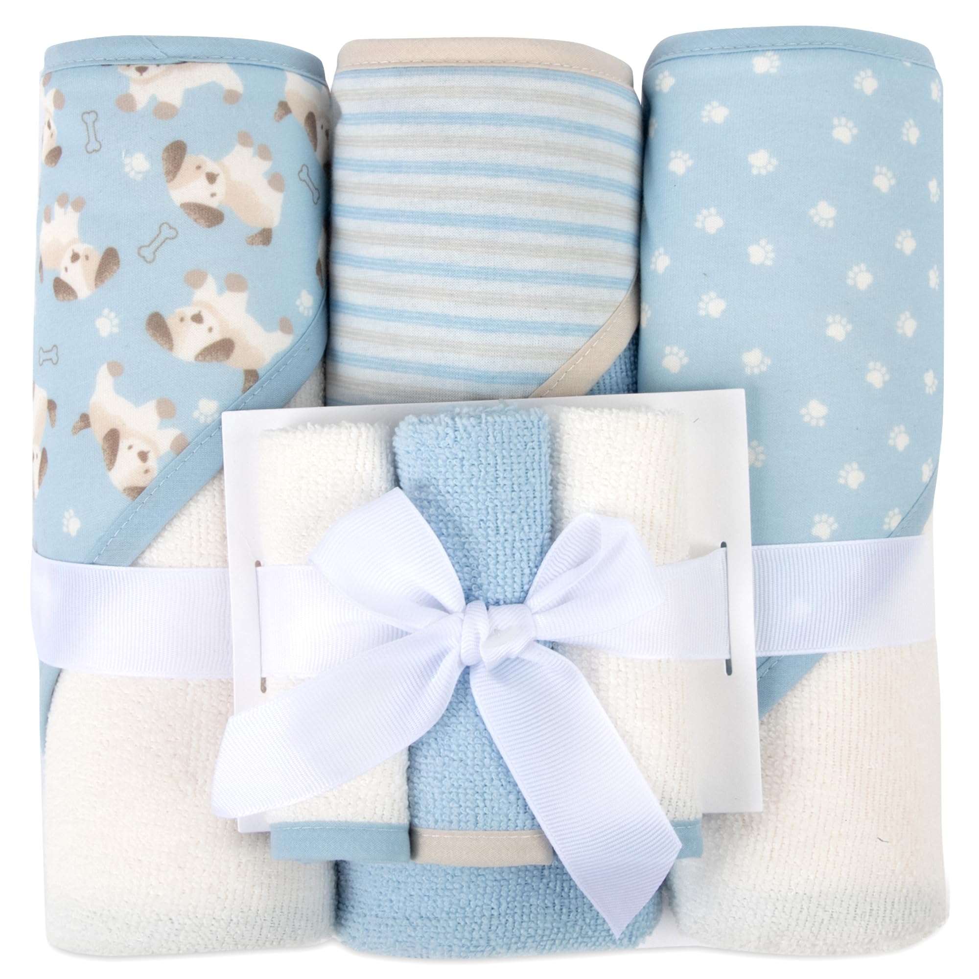 Photo 1 of Jessica Simpson 6 Piece Printed Hooded Bath Towel and Washcloth Set for Infant, Newborns and Toddlers 3 – 24 Months for Bath Time, Showers, Lounge, Beach and Pool (6 Piece Puppies Print)