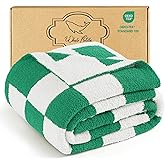 Whale Flotilla Checkered Knit Throw Blanket, Ultra Soft Warm Reversible Cozy Decorative Blankets for Couch Sofa and Bed, 50x60 Inch, Green