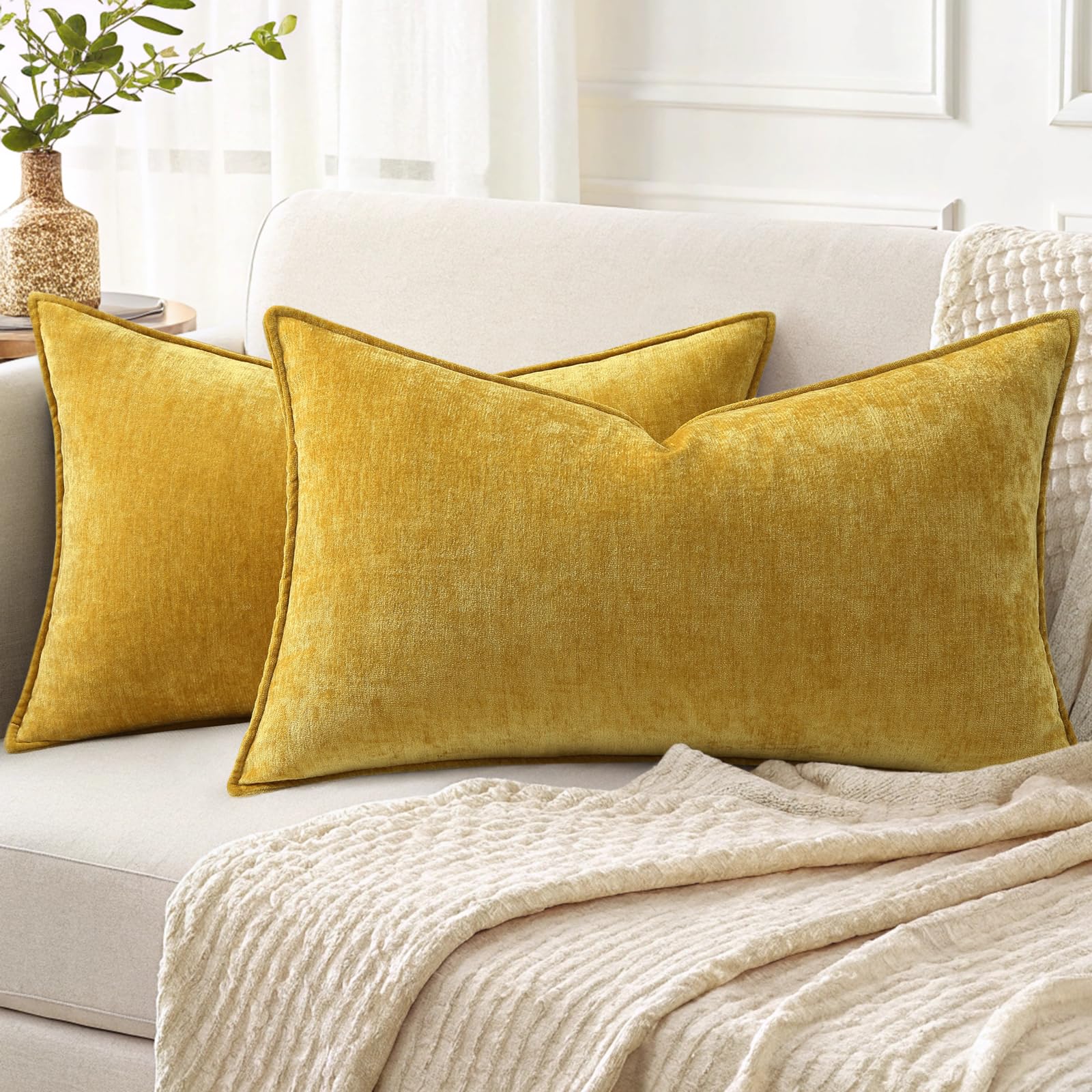 Photo 1 of decorUhome Fall Couch Throw Pillow Covers 12x20 Set of 2, Decorative Soft Euro Neutral Chenille Lumbar Pillow Covers with Elegant Design for Sofa Bed Living Room Home Decor, Mineral Yellow