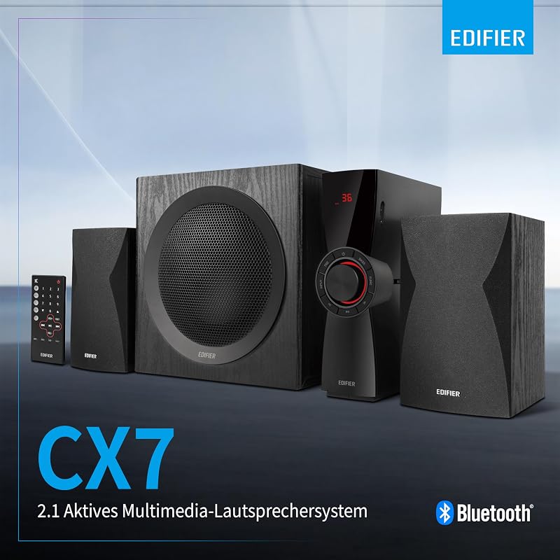 CX7 Aktives 2.1 Home-Entertainment-System mit Bluetooth V5.0, 21cm (8 Zoll) Subwoofer und Infrarot-Fernbedienung: Perfekt für TV, PC, Notebook etc., Schwarz