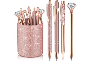 Sabary 8 Pcs Rose Gold Pens with Pen Holder for Desk Glitter Crystal Diamond Cute Ballpoint Fancy Pencil Holder Bling Desk Organizer for Women Girls Gifts School Office Christmas Supplies