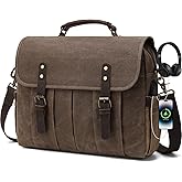 Vintage Mens Messenger Bag 15.6 inches Waterproof Genuine Leather Waxed Canvas Satchel Shoulder Bag Briefcase Laptop Bag with Charging,Headset Port,Brown