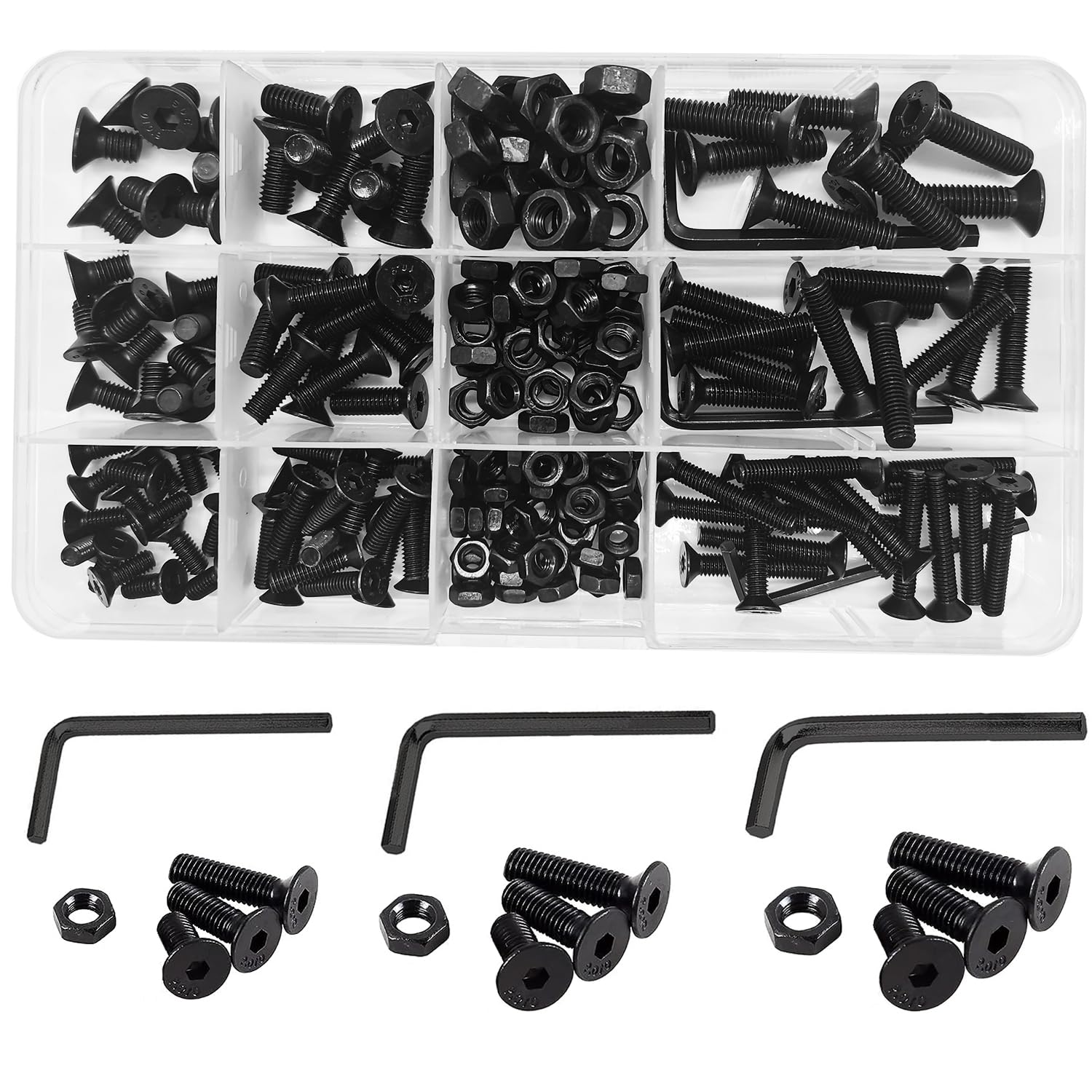 219 Pcs M4 M5 M6 Flat Head Screws Alloy Steel Hex Socket Cap Bolts and Nuts, Hexagon Countersunk Machine Screw Fasteners Assortment Set Kit with 3 Allen Keys(Black) — image 1
