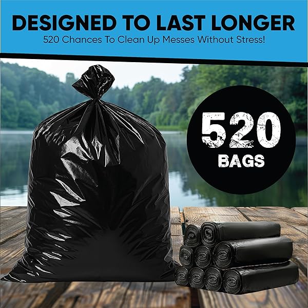 16-25 GALLON TRASH BAGS – BULK 520 COUNT – MEDIUM-LARGE BLACK GARBAGE BAGS, ONE SIZE FITS 16, 20, 25 GAL TRASH CAN LINERS FOR BATHROOM, KITCHEN, HOME, OFFICE & COMMERCIAL – TEAR-OFF ROLL