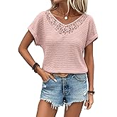 Dokotoo Women's Casual 2026 Waffle Knit Hollow Out Lace Tops Short Sleeve V Neck Loose Fit Shirts Blouses