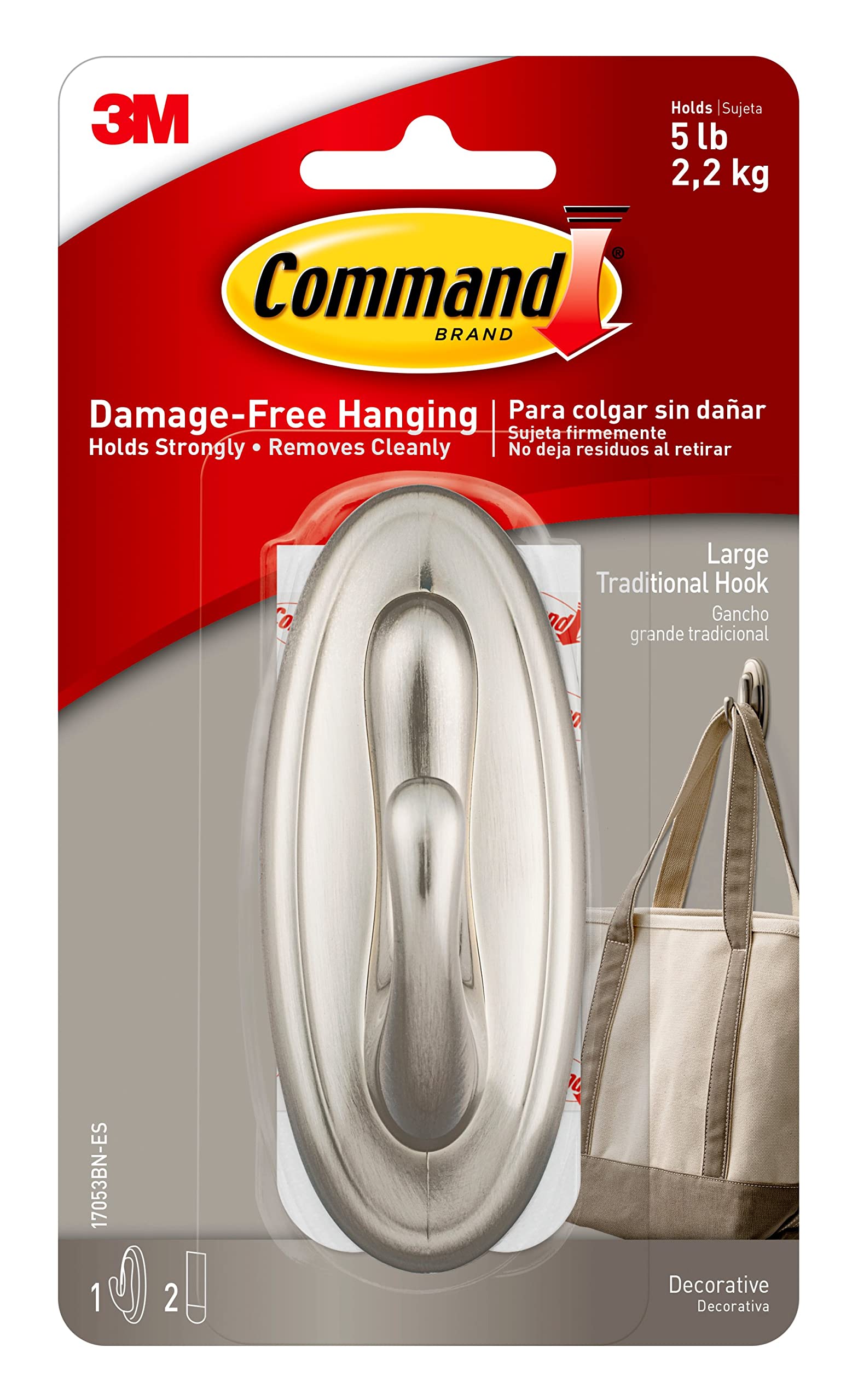 Photo 1 of 3M Command 17053BN Traditional Plastic Hook, Large, Brushed Nickel