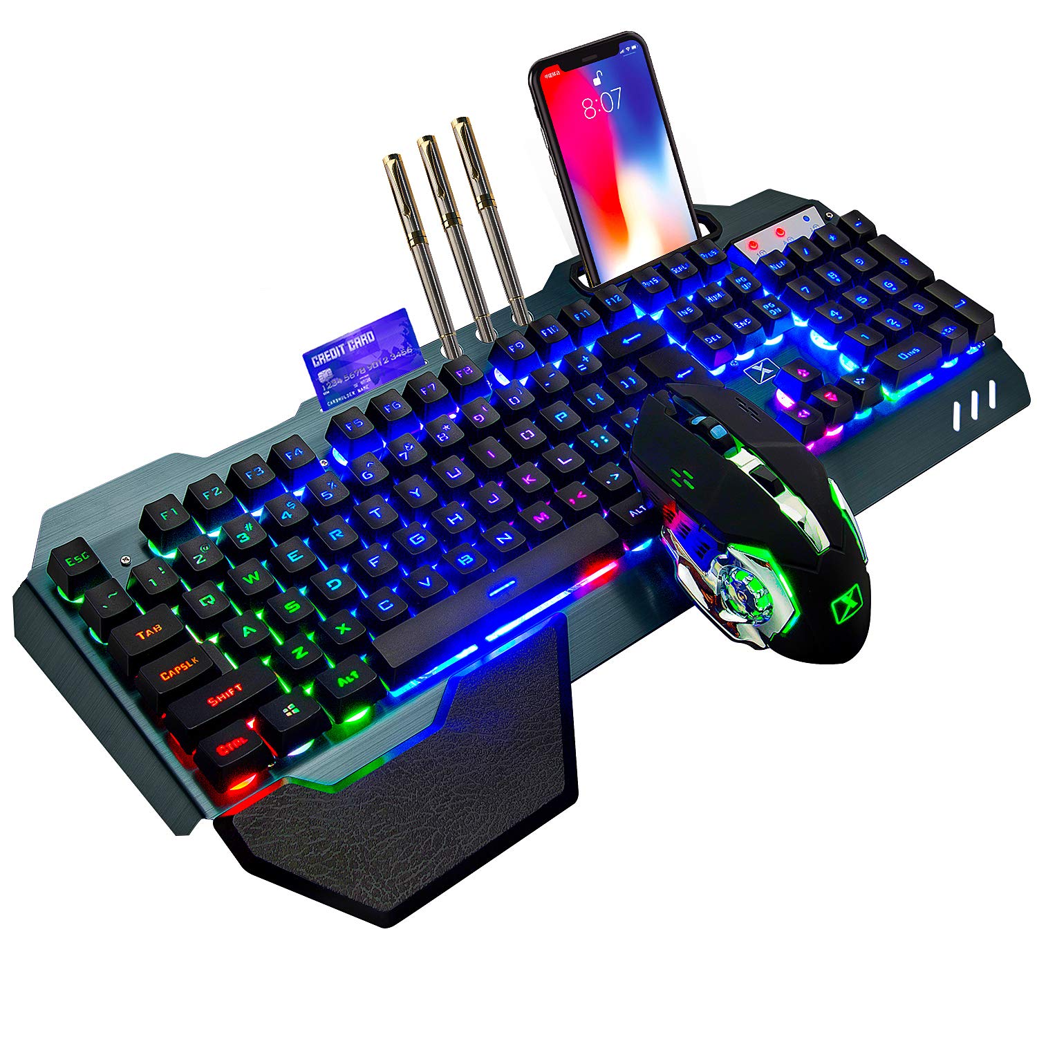 2.4 GHz Wireless Rechargeable Keyboard Mouse Combo Set 3800mAh Long Battery Life Unifying USB-Receiver Rainbow Backlit Gamer Keyboard 2400DPI 7 Colors Breathing Optical Mouse Mice for Laptop Pc Mac