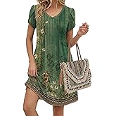 Zeagoo Summer Dresses for Women Casual A Line Dress 2026 V Neck Short Dresses Floral Sundress Pleated Boho Dress